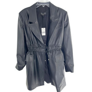 NWT Selmacilek Womens Leather Trench Collar Mini Dress Flap Pockets Size S Black